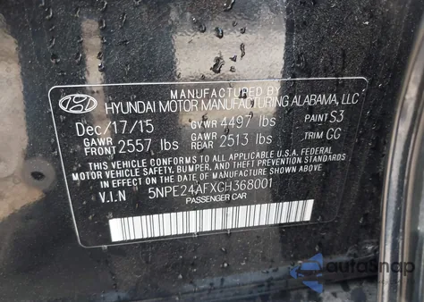 2016 Hyundai Sonata Se from USA, damaged, VIN 5NPE24AFXGH368001